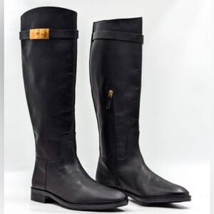 Tory Burch Women T Hardware Equestrian Riding Tall Black Leather Boots size 7.5